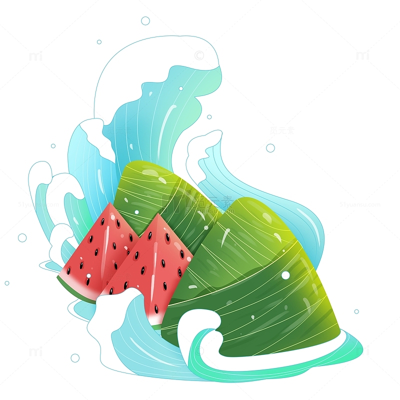 创意端午节浪花西瓜粽子美食水果插画元素