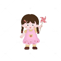 粉色卡通草莓女孩风车小朋友卡通元素