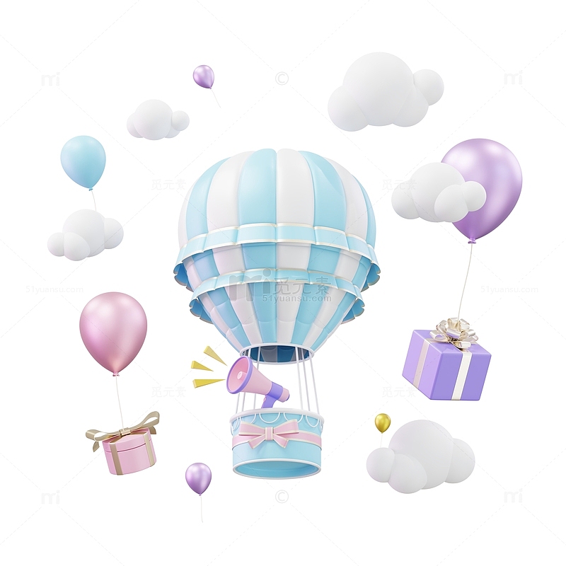 3D立体彩色宣传喇叭热气球礼盒漂浮元素