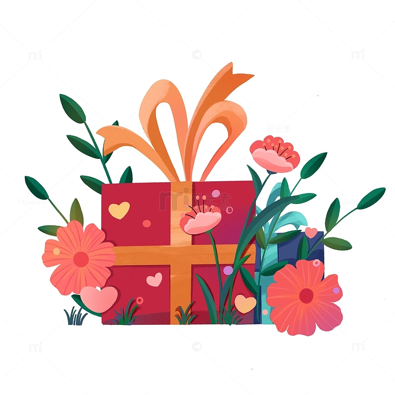 花草丛中的礼盒手绘扁平背景素材