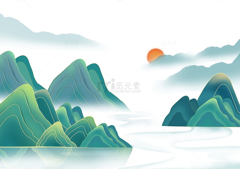 手绘中国风国潮山水烫金线节气海报装饰元素