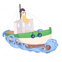 手绘肌理感坐轮船的女孩 海浪大海