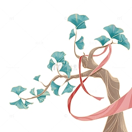 国风树丝带装饰手绘插画