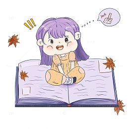 教育插画元素 爱读书的小女孩 书本