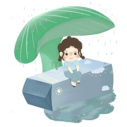 夏日莲蓬下躲雨的小女孩