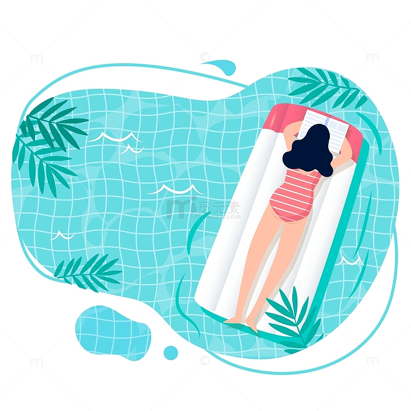 卡通可爱夏季女孩游泳池休闲娱乐插画元素