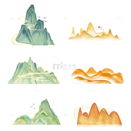 中国风云纹山水祥云金色绿色水墨纹理元素