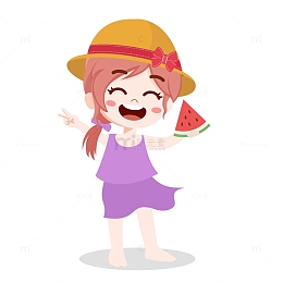 夏天沙滩边女孩吃西瓜矢量元素