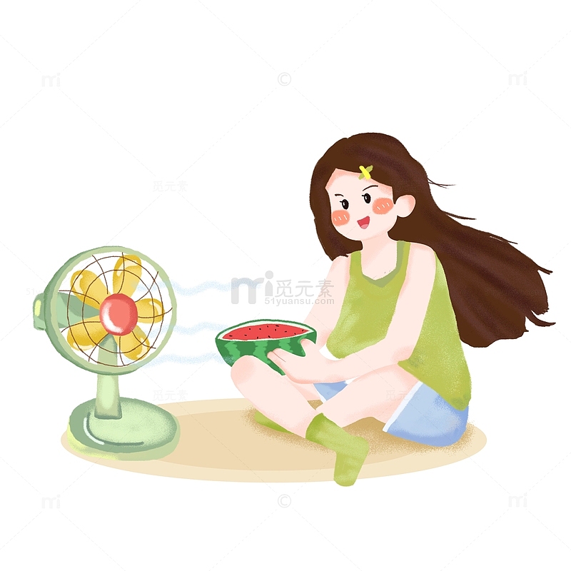 卡通可爱手绘夏天吃西瓜吹电风扇的小女孩