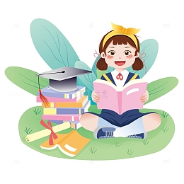 清新毕业季看书小女孩手绘插画场景图