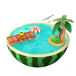 夏日海滩卡通3D场景小暑游泳元素