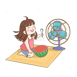 夏天小暑大暑夏至炎热吹风扇吃西瓜女孩