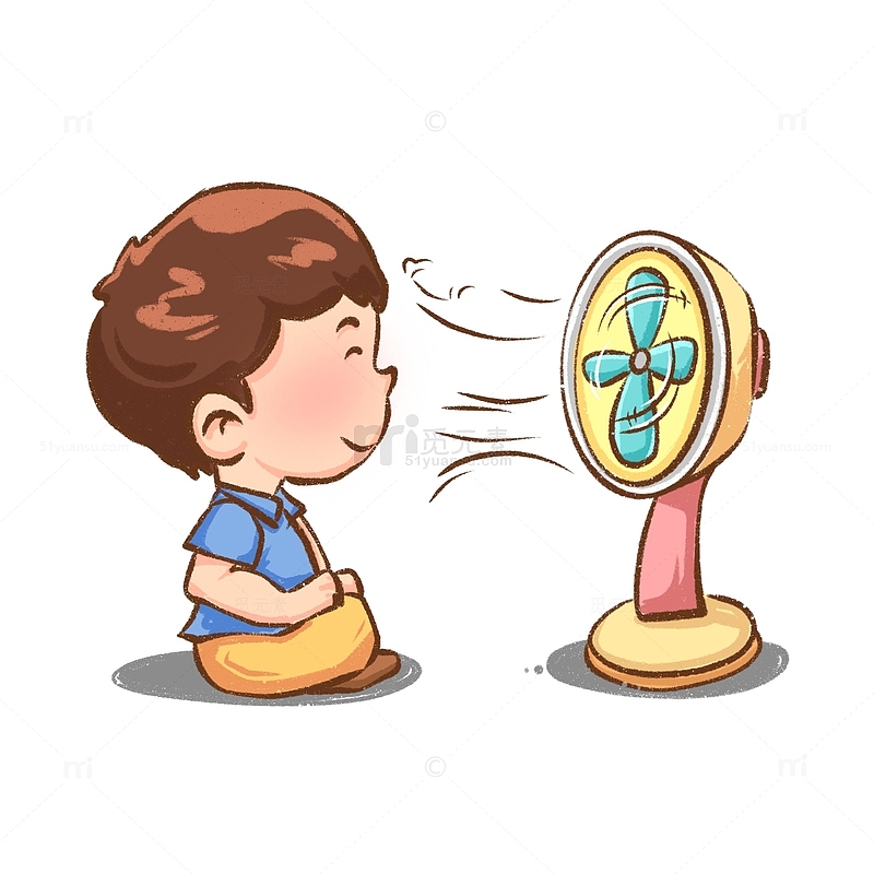 夏天清凉可爱小孩吹电扇降温手绘元素