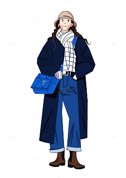 女生 卡通 手绘人物 穿大衣女生