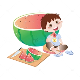 小暑吃西瓜的小男孩手绘插画图
