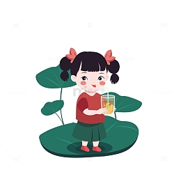 夏季避暑荷叶小女孩喝冷饮汽水小暑
