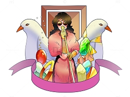 国潮618人物唱歌美女与小鸟