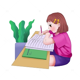 儿童插画书桌前写作业的小女孩