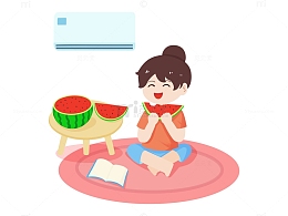 夏天在家吹空调吃西瓜小女孩