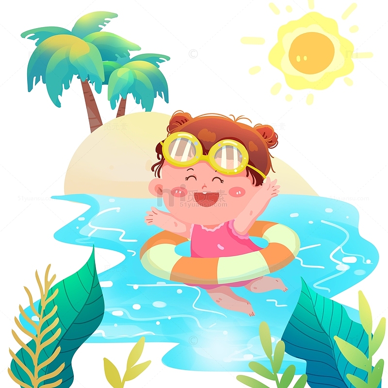 小女孩暑期游泳兴趣班元素插画