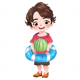 抱着西瓜的小男孩