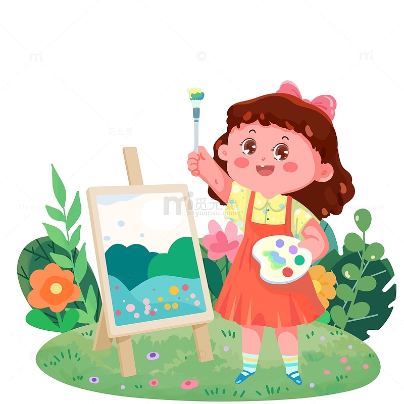 小女孩画画暑期美术兴趣班插画元素
