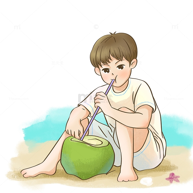 暑假夏天海边喝椰子度假男孩元素