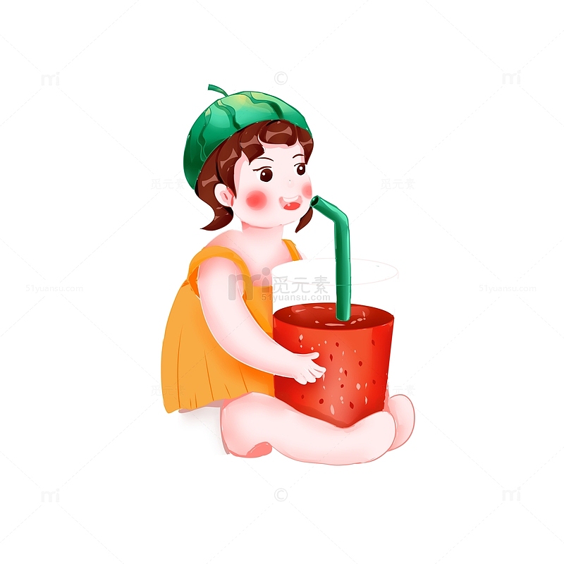 卡通小女孩喝西瓜汁可爱装饰元素
