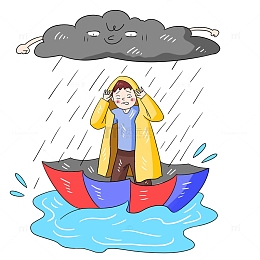 卡通手绘狂风暴雨受灾男孩