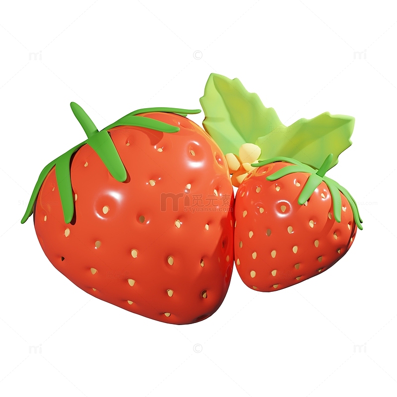 水果3D草莓红色卡通可爱花朵叶子元素