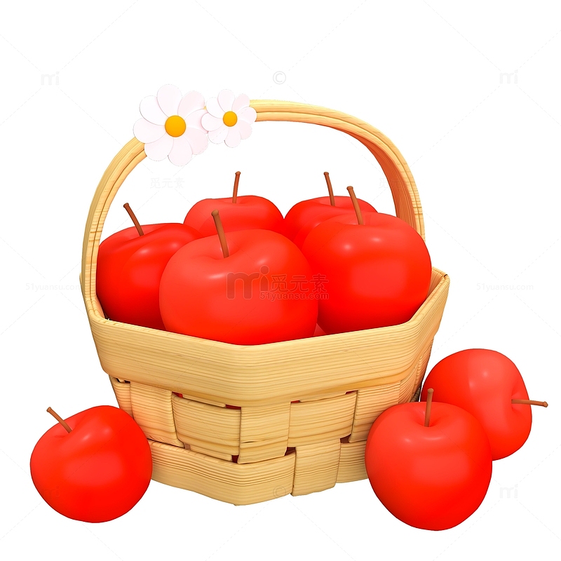 3D立体红苹果水果竹篮子花朵元素