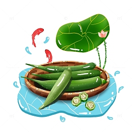 手绘大暑荷叶鲤鱼秋葵