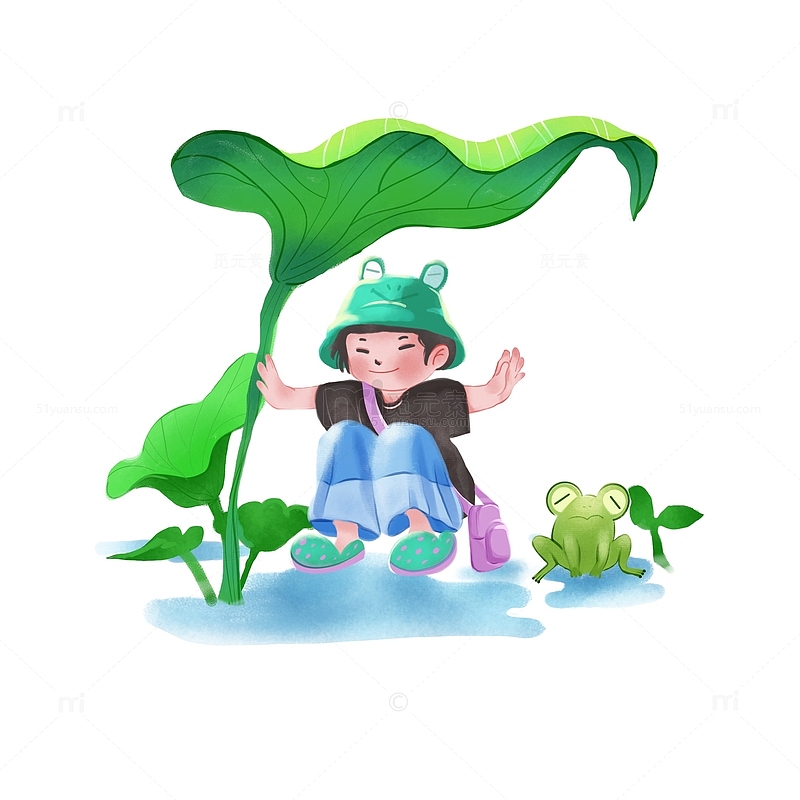 可爱女孩青蛙夏天荷叶绿色暑假