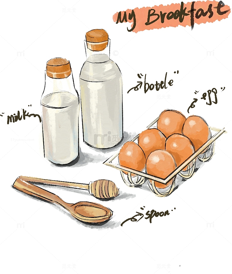 牛奶鸡蛋早餐手写字线描