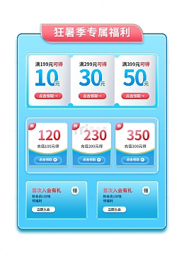 夏季狂暑季活动蓝色优惠券首页促销购物金
