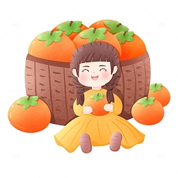 手绘立秋女孩柿子场景