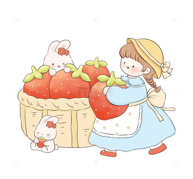 可爱女孩摘草莓和兔子