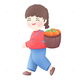手绘立秋女孩背柿子