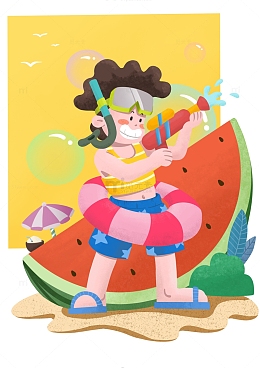 夏天西瓜少年打水仗