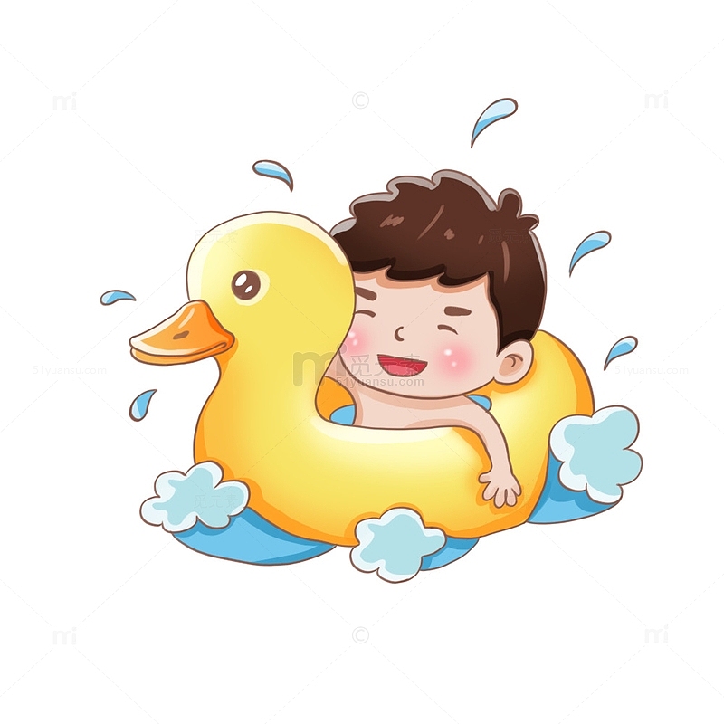 玩水小黄鸭男孩大暑夏天手绘插画