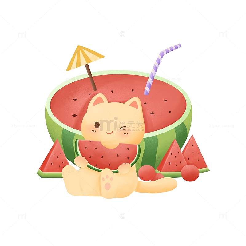 夏日避暑吃西瓜的猫咪插画
