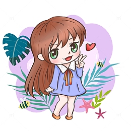 夏日多巴胺Q版手绘女孩植物元素
