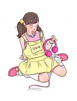 夏日多巴胺粉色耳机女孩人物手绘图