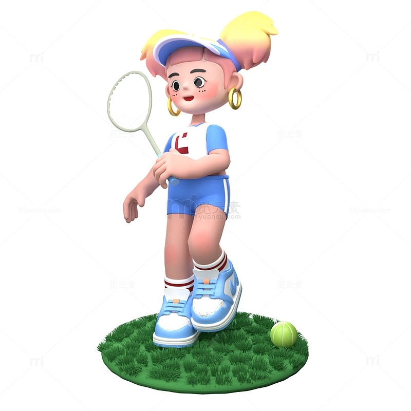 3D夏日多巴胺运动女孩活力蓝色打网球