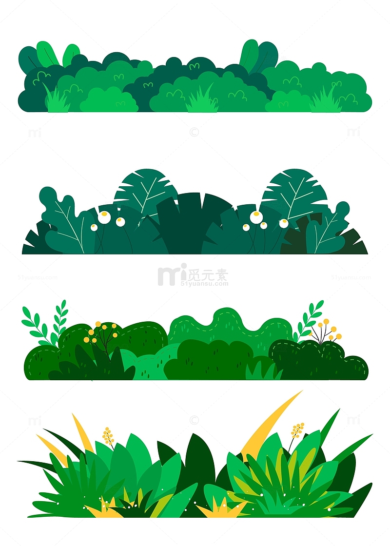 绿色卡通小清新草丛植物花草树木装饰插画