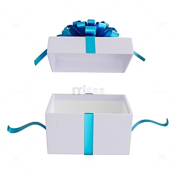 3D立体打开的蓝色彩带白色礼品盒