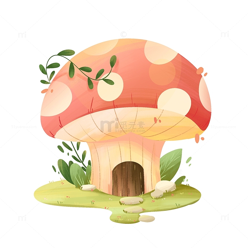 手绘卡通可爱蘑菇绿植春天植物插画元素