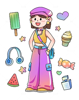 卡通夏日多巴胺女孩元素
