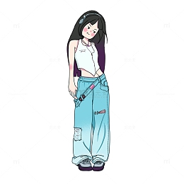 夏日多巴胺蓝色酷女孩吊带阔腿裤手绘人物