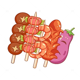 香菇牛肉串虾热狗茄子烧烤插画